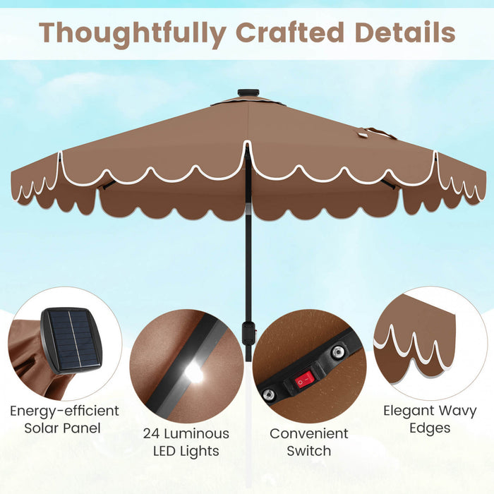 Parasol solaire Costway 9,3 FT style marche exterieur avec 24 LED, bordures, marron