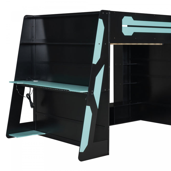 Olivia Lit mezzanine en bois avec bureau et etageres de rangement multiples, Lumiere RGB, Bleu