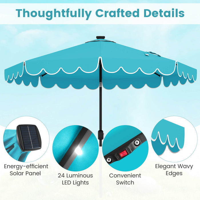 Parasol solaire Costway 9,3 FT style marche exterieur avec 24 LED, bordures, turquoise