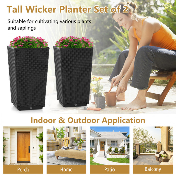 Costway 2pcs Outdoor Wicker Flower Pot 22,5 \"planters Hauts Avec Trou De Drainage Noir