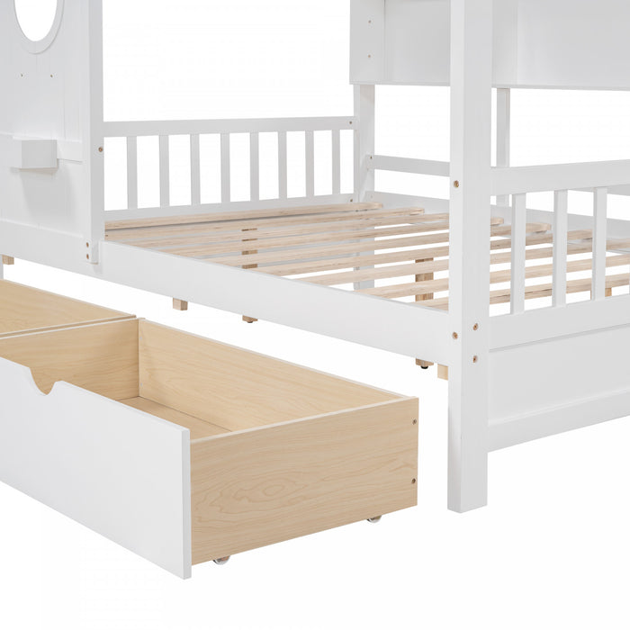 Lit Maison Jeames en Bois avec 2 Tiroirs de Rangement et Etagere, Taille Full - Blanc