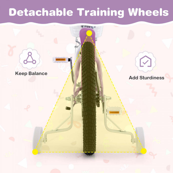 Costway 18\" Velo Fille Avec Panier Roues D'entrainement Amovibles Frein A Main De Siege Reglable Frein De Montagne Violet