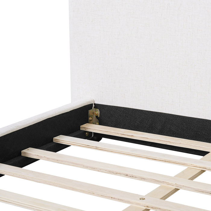 Lit plateforme Mason en tissu melange de lin avec tete de lit rembourree a coussins, taille king, blanc