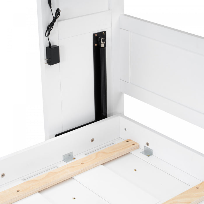 Lit escamotable Olivia en bois massif avec lumiere LED et armoire pliante, taille simple, blanc