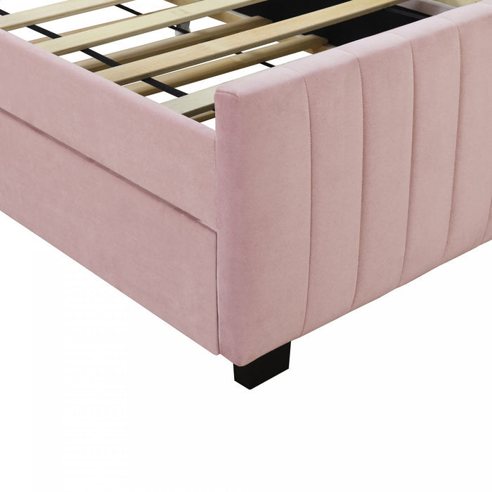 Lit plateforme Ethan rembourre en velours, gain de place, avec tiroir gigogne, taille simple, rose