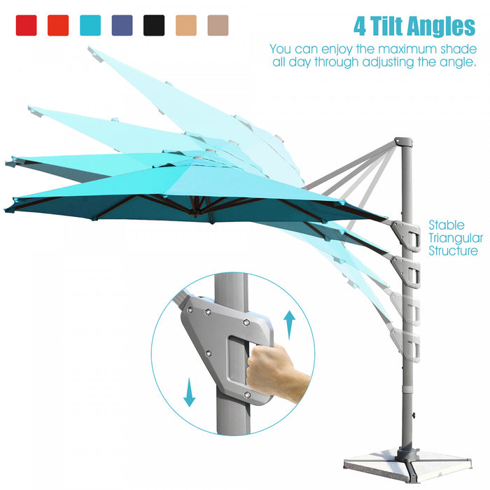 Costway Parasol deporte 11ft pour terrasse a rotation cantilever, aluminium, inclinable, base croisee, turquoise