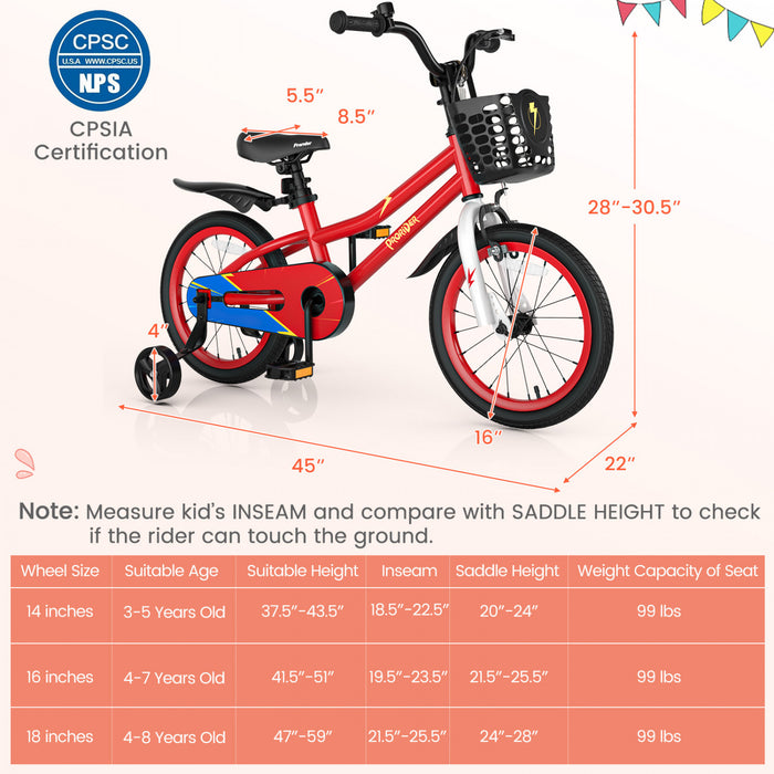 Velo Costway 16\" Pour Enfants Avec Roues D'entrainement Amovibles Et Panier Pour 4-7 Ans Rouge