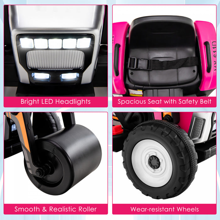 Costway Enfants Rouler Sur Route Rouleau 12v Tracteur Electrique A Distance W / Musique & Led Rose Clair