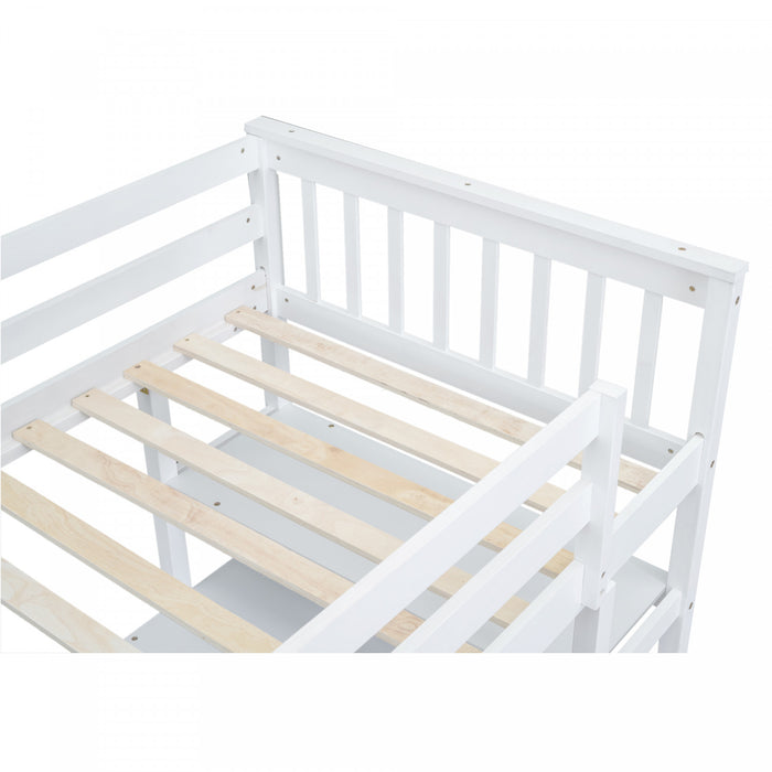 Victoria – Lit Mezzanine Simple En Bois Massif Avec Bureau, Etageres De Rangement Et Eclairage Del – Blanc