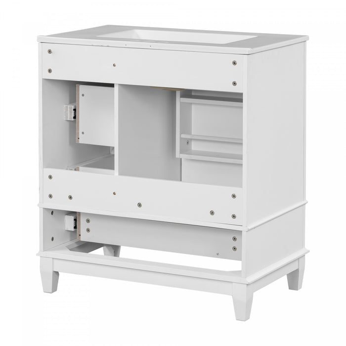 Emma Meuble-lavabo en bois massif de 30\" avec vasque en ceramique et porte a fermeture douce, Blanc