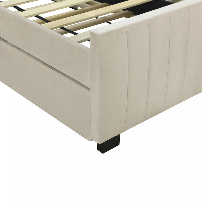 Lit plateforme Ethan rembourre en velours, gain de place, avec tiroir gigogne, taille simple, beige