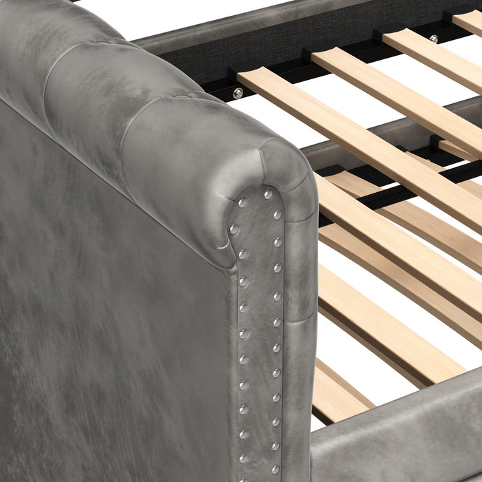 Le Daybed Sophia avec design capitonne, revetement en tissu, lit d'appoint avec trundle et dossier confortable, couleur grise