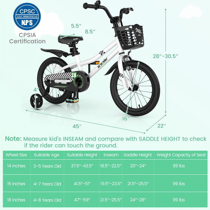 Velo Costway 16\" Pour Enfants Avec Roues D'entrainement Amovibles Et Panier Pour 4-7 Ans Blanc