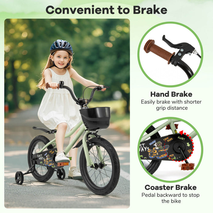 Costway 16\" Velo Pour Enfants Avec Roues D'entrainement Guidon Reglable Et Frein A Main Du Siege Vert