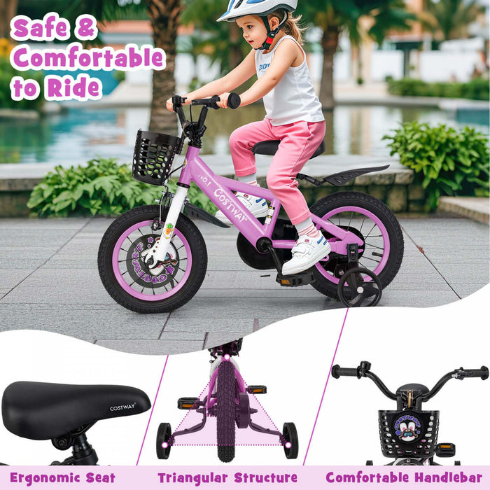 Costway 12\" Velo Pour Enfants Pour 3-4 Avec Guidon Reglable En Hauteur Et Frein A Main En Selle Violet