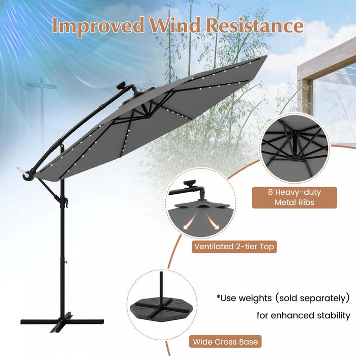 Parasol deporte solaire LED Costway 10 pieds avec 40 lumieres, manivelle et base croisee gris
