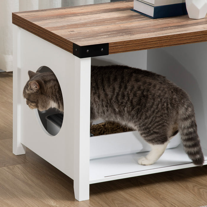 Pawhut Boite A Litiere Pour Chat Avec Porte Coulissante, Banc De Rangement De Toilettes Pour Chat Avec Trou, Table D'extremite Pour Maison D'interieur Pour Chat Avec Structure En Bois Solide, Blanc