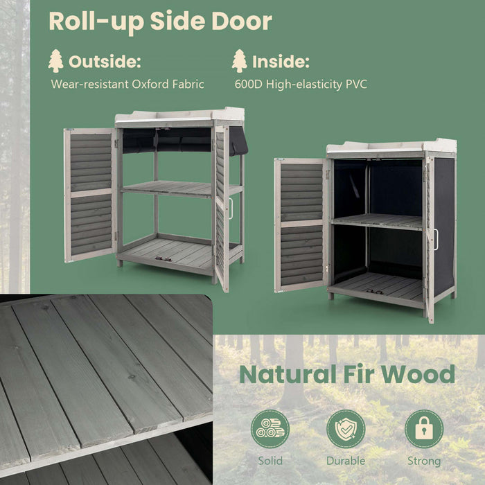 Etabli D’exterieur Avec Dessus Spacieux Galvanise Et Etagere A 2 Niveaux, Abri De Jardin Avec Porte Laterale Enroulable Et Pieds Sureleves, Pour Stocker Pelles, Arrosoirs Et Ciseaux, Gris