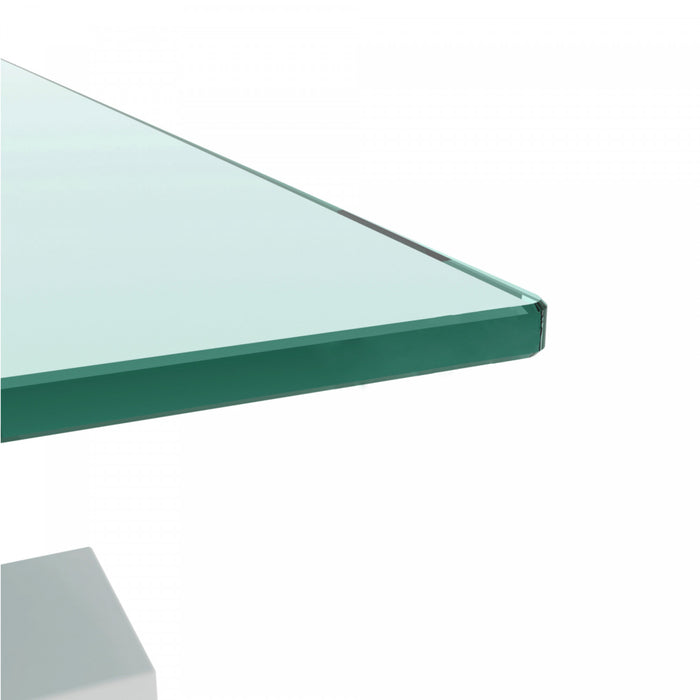 Table basse moderne rectangulaire en verre trempe transparent Liam, avec pieds blancs