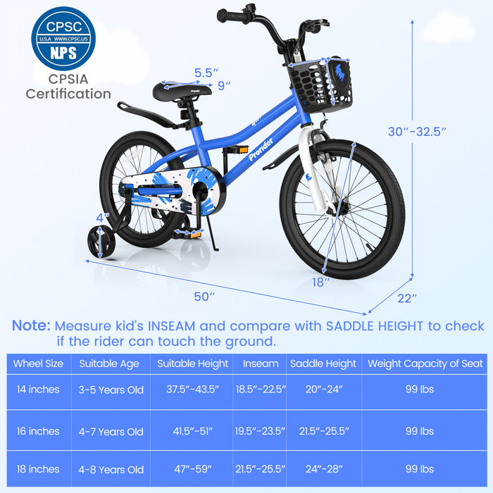 Velo Costway 18\" Pour Enfants Avec Roues D'entrainement Amovibles Et Panier Pour 4-8 Ans Bleu