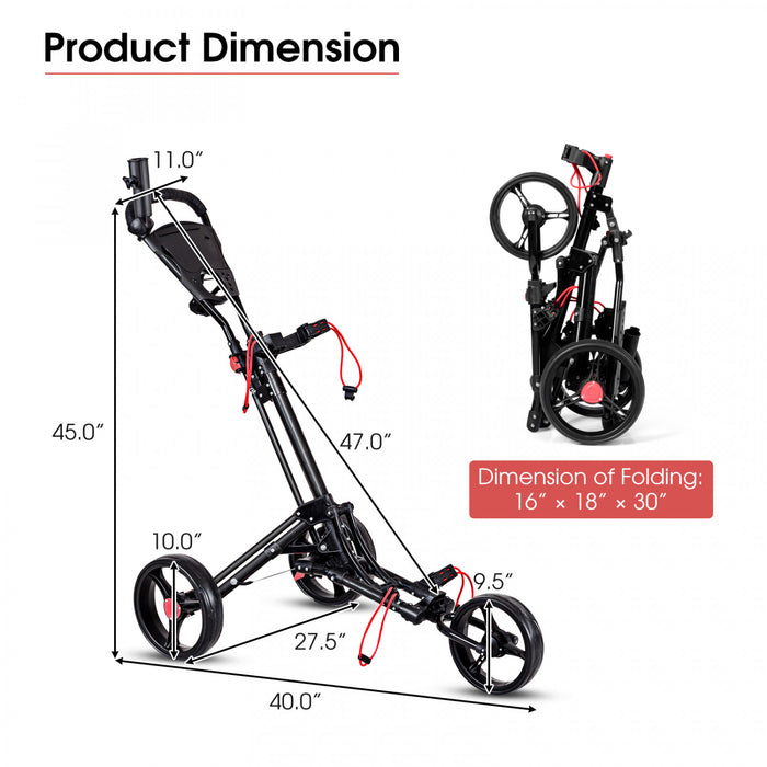 Caddie De Golf Pliable 3 Roues En Acier A Pousser Ou Tirer Avec Porte-parapluie