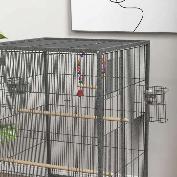 Pawhut Cage A Oiseaux 29\" Avec Support Roulant Pour Perroquets Et Pinsons, Grande Cage A Oiseaux Avec Balancoire Coloree, Bols En Acier Inoxydable, Plateau Amovible – Gris