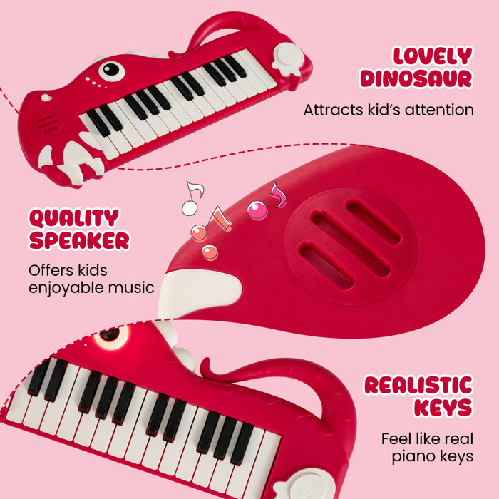 Costway Clavier de Piano pour Enfants 25 Touches en Forme de Dinosaure, Jouet Piano Numerique avec Musique et Lumieres Integrees - Rouge