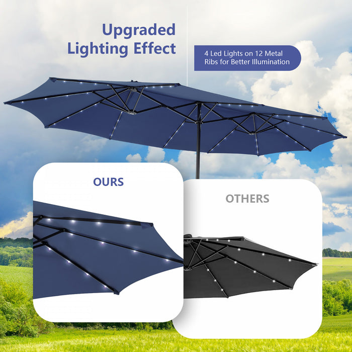 Costway Parasol double face jumeau 15FT pour patio avec 48 LED solaires a manivelle Navy