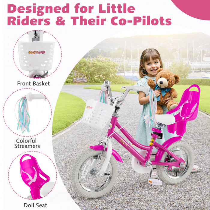 Costway 12 Pouces Enfants Velo Avec Roues D'entrainement Poupee Siege Panier Streamers Frein A Main Rose
