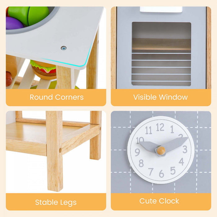 Cuisine Pour Enfants En Bois Avec Etageres De Rangement, Accessoires De Cuisine, Horloge Mignonne Et Son Realiste, Jeu De Cuisine D'imitation Pour Tout-petits, Cadeau Pour 3+ Ans