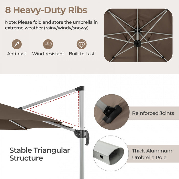 Costway Parasol d'exterieur rond a bras articule 11 pieds, avec rotation a 360° Marron