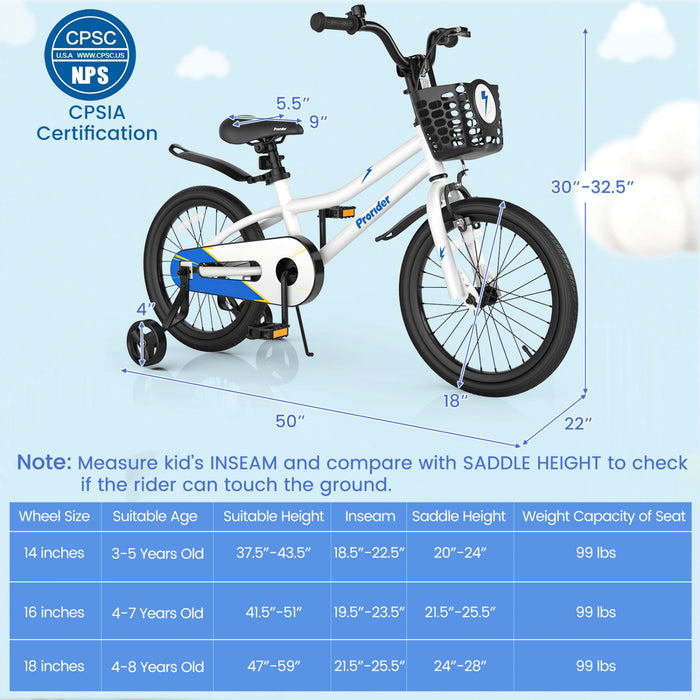Velo Costway 18\" Pour Enfants Avec Roues D'entrainement Amovibles Et Panier Pour 4-8 Ans Blanc