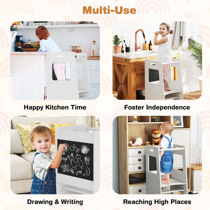 Tabouret D'etape De Cuisine Costway Pour Tout-petit Enfant Avec Tableau A Bois D'activite Reglable En Hauteur Et Rail De Securite Blanc