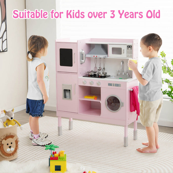 Jeu De Cuisine Pour Enfants, Jouet De Cuisine Avec Hotte, Machine A Glacons Et Telephone, 16 Accessoires, Sons Et Lumieres, Cuisine En Bois, Cadeau Pour 3 Ans Et Plus, Rose