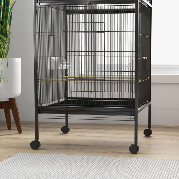 Pawhut Cage A Oiseaux En Metal Forge Avec Support Roulant, Conteneurs Alimentaires Portes Roues 67\" H, Noir