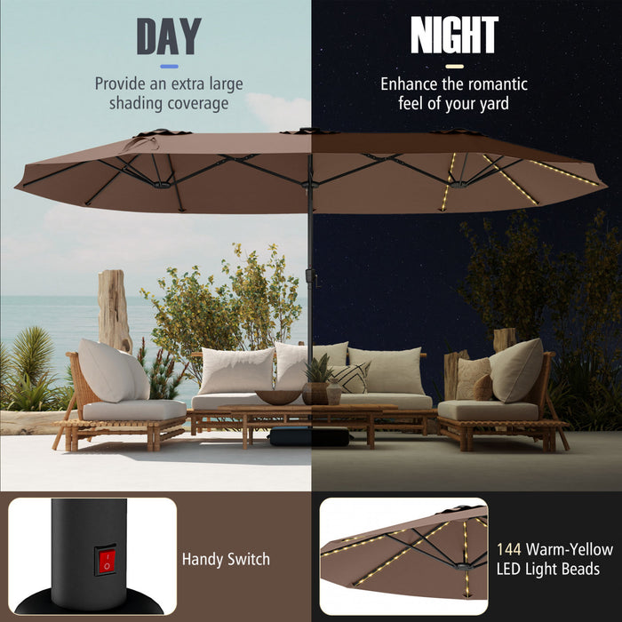 Costway Parasol de patio extra-large de 15,5 pieds avec lumieres solaires LED et 12 baleines robustes marron