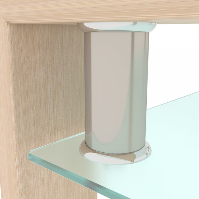 Table basse moderne rectangulaire en verre trempe transparent Liam, finition chene