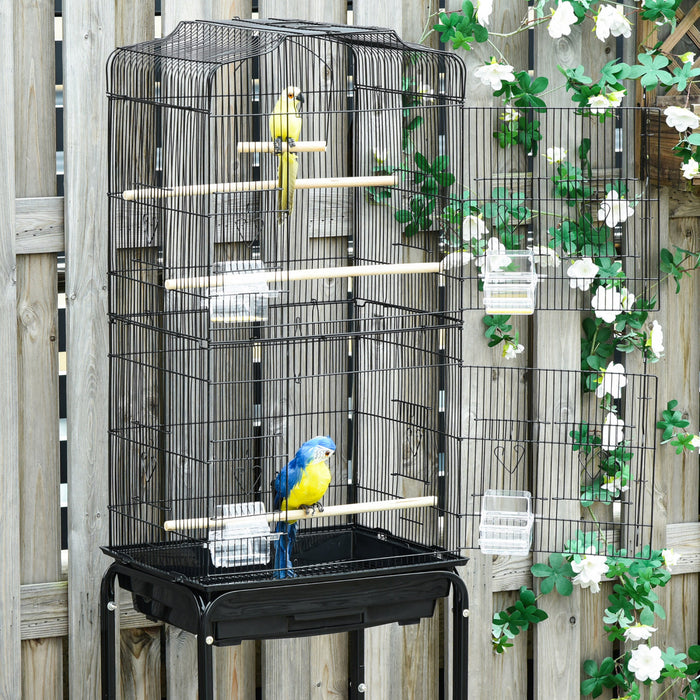 Pawhut Cage A Oiseaux Sur Roulettes Grande Voliere Detachable Cage Portable Multi-accessoires Avec Mangeoires Perchoirs Plateau Amovible Et Etagere Cage Pour Canaris Perruches Noir