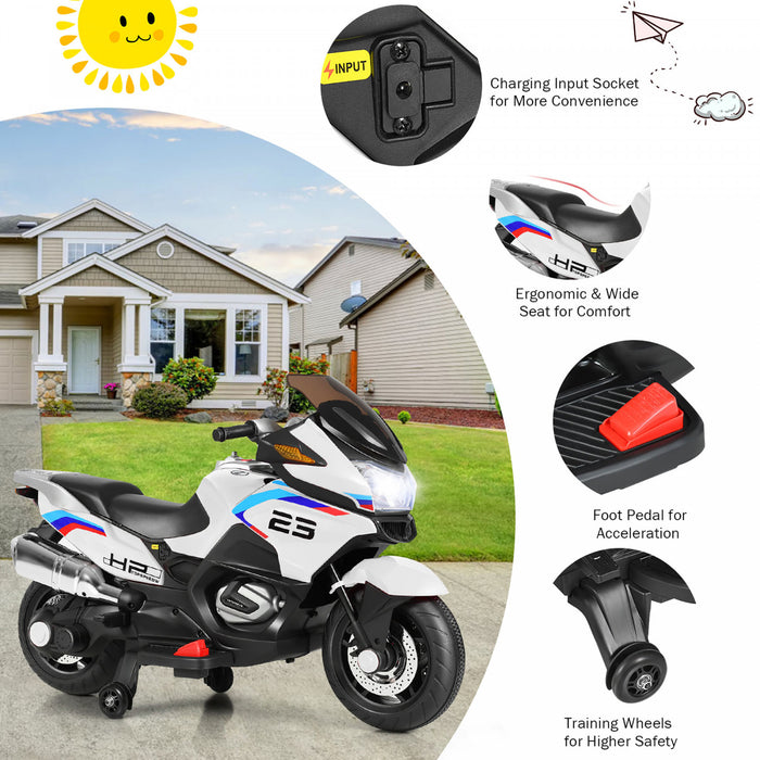 Moto Electrique 12v Pour Enfants Avec Roues D'entrainement Et Eclairage, Blanc