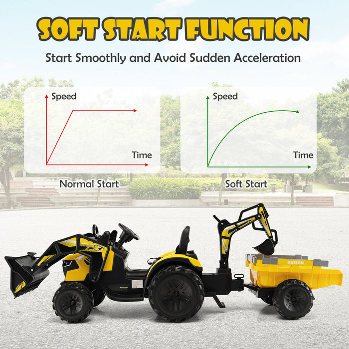 3-en-1 Enfants Montent Sur Bulldozer D'excavateur 12v Tracteur Electrique A Distance W / Remorque Jaune