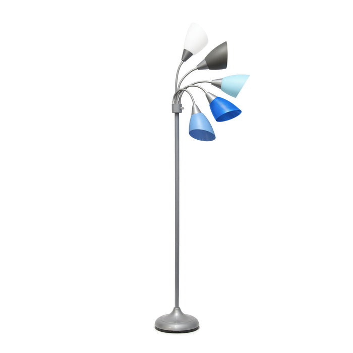 Skye Lampadaire a 5 lumieres avec cols de cygne reglables, Bleu multicolore, Blanc et Argent, 67 po H