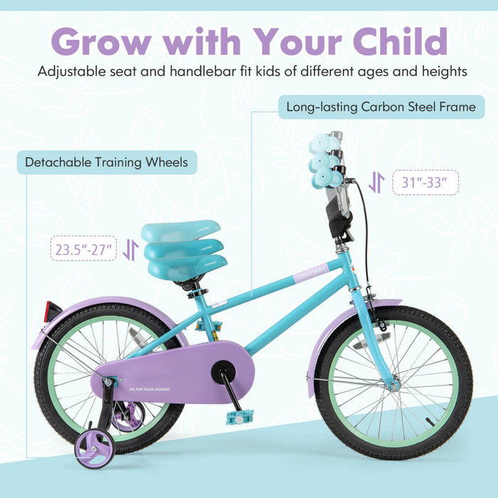 Costway 18\" Velo Pour Enfants Avec Guidon De Selle Reglable Roues D'entrainement Amovibles Frein A Main Bleu