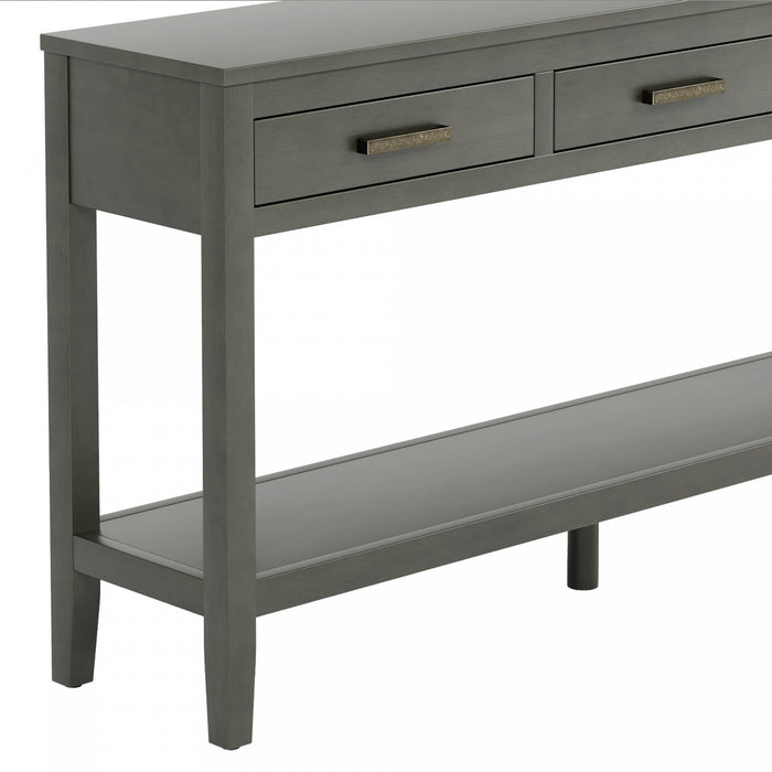 Table d'entree Emma 59,1'' de style ferme avec tiroirs et etagere ouverte, grise