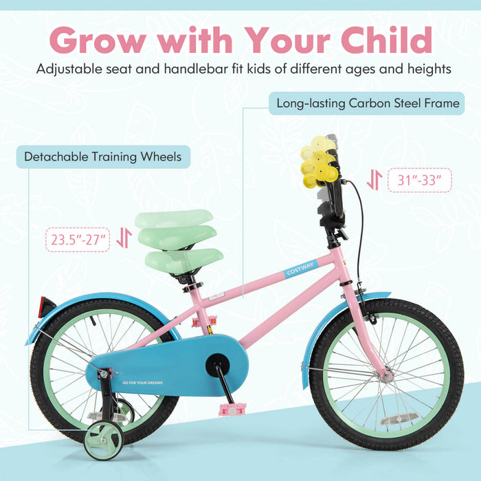 Costway 18\" Velo Pour Enfants Avec Guidon De Selle Reglable Roues D'entrainement Amovibles Frein A Main Rose