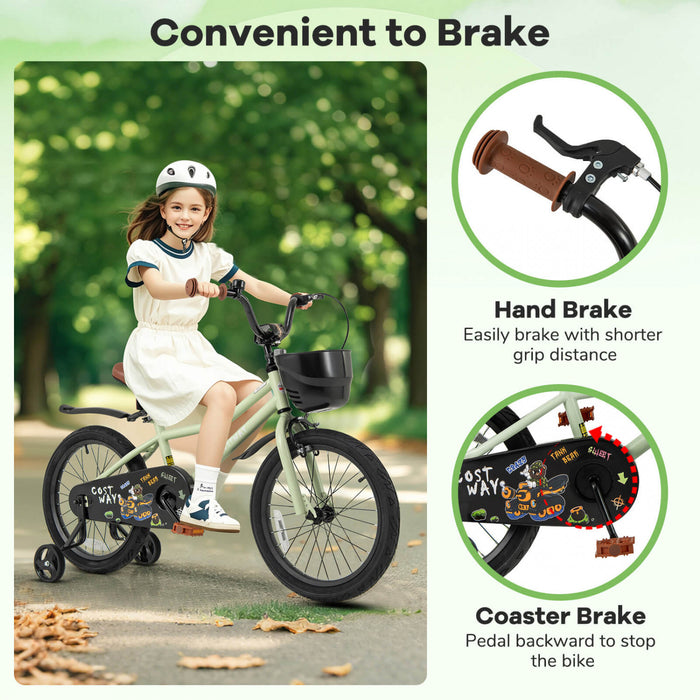 Costway 18\" Velo Pour Enfants Avec Roues D'entrainement Guidon Reglable Et Frein A Main Du Siege Vert
