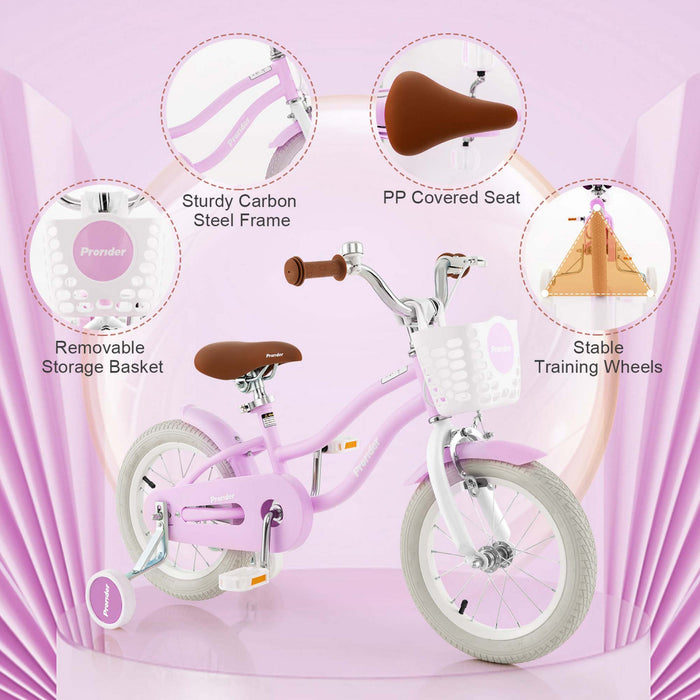 Velo Costway 14\" Pour Enfants Avec Roues D'entrainement Amovibles Et Panier Pour 3-5 Ans Violet