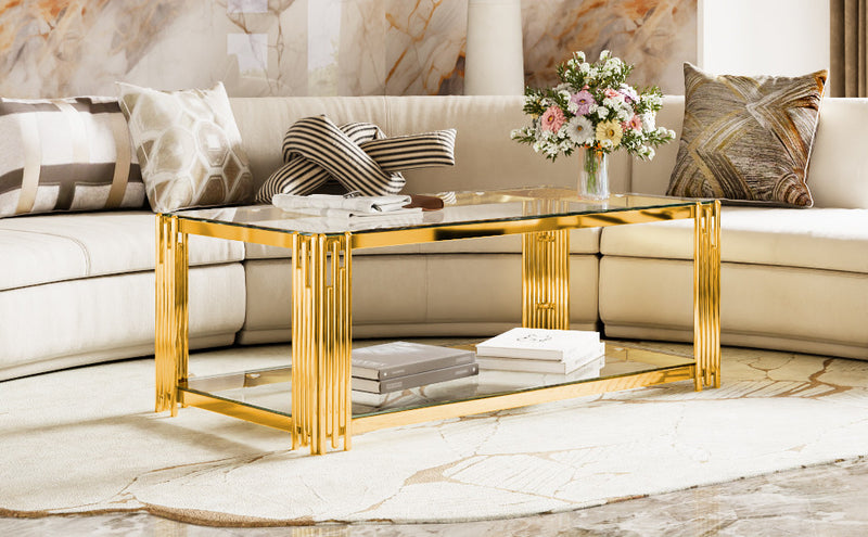 Aria Table Basse Rectangulaire Moderne 47.5 po avec Cadre Asymetrique Dore et Plateau Verre, Transparent