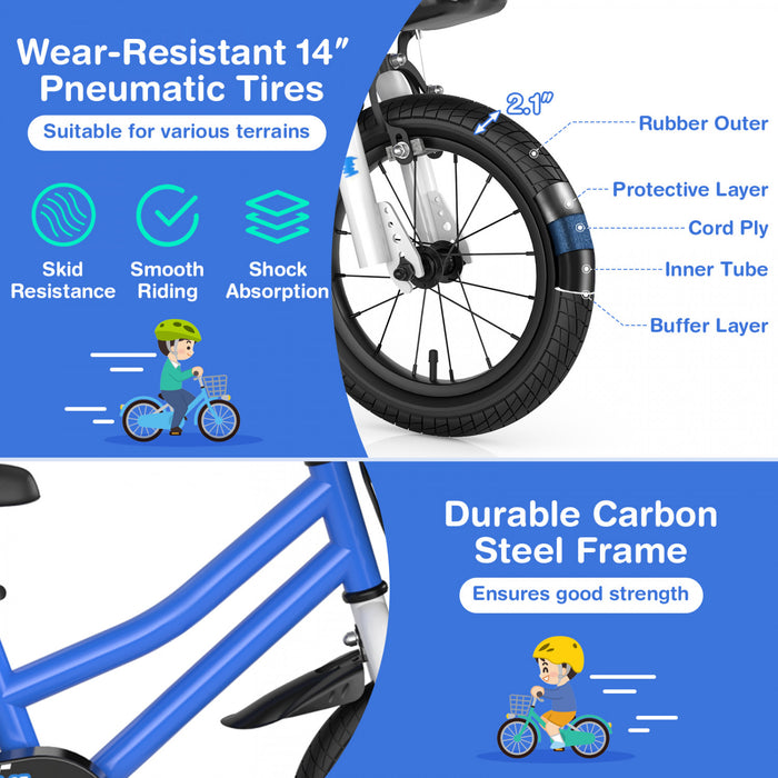 Velo Costway 14'' Pour Enfants Avec Roues D'entrainement Amovibles Et Panier Pour 3-5 Ans Skyblue