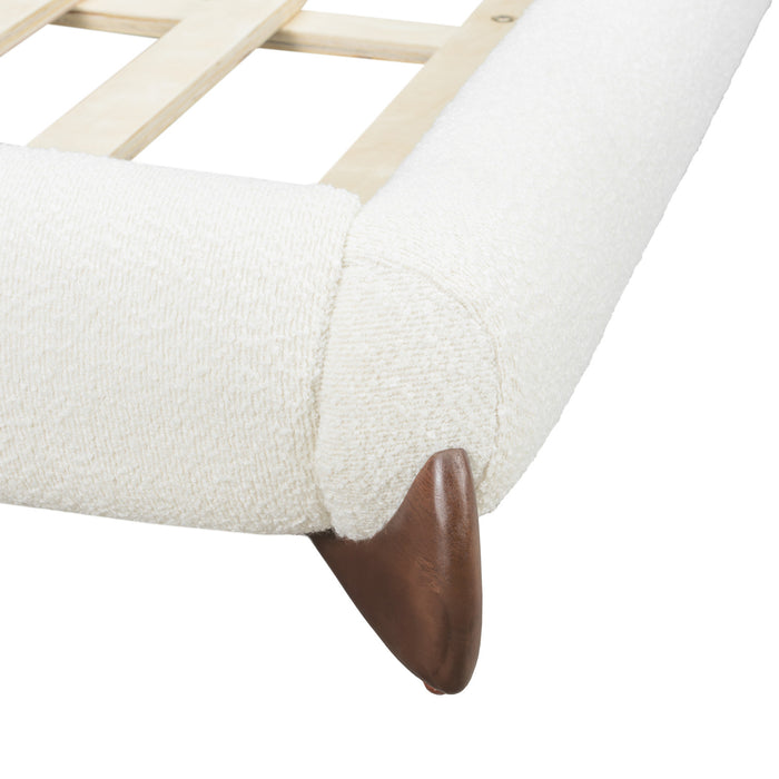 Cadre de lit plateforme Emma a profil bas avec tete de lit courbee et revetement en boucle, taille queen, blanc creme