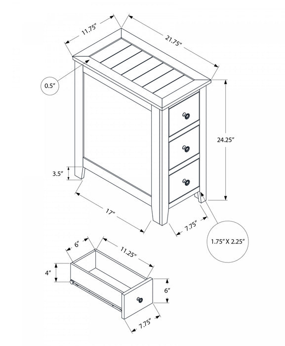Table de bout, d’appoint et de nuit étroite de style transitionnel avec tiroir de rangement et placages bruns pour la chambre à coucher